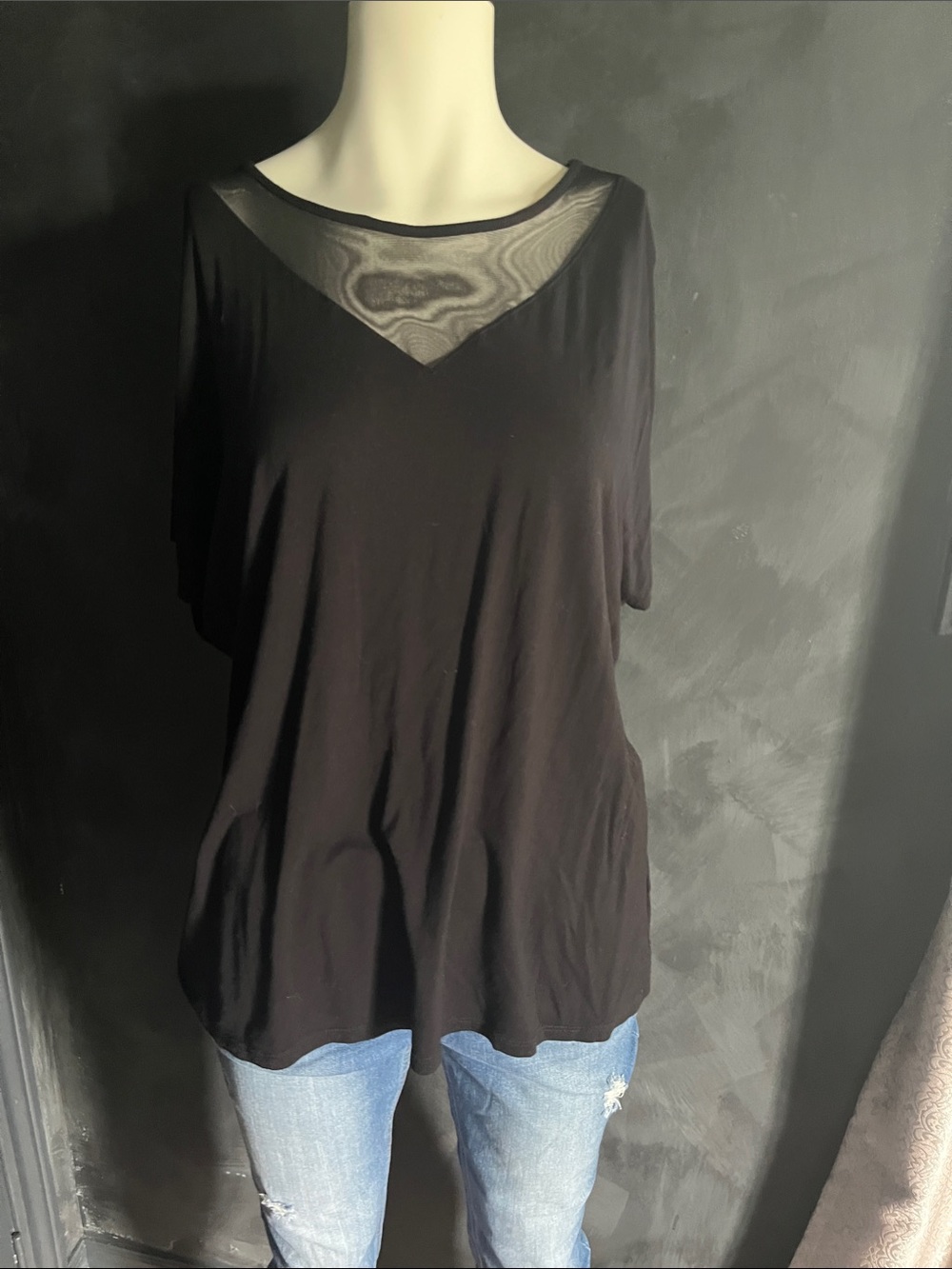 Tahari Black Short Sleeve Top with Sheer Mesh Yoke